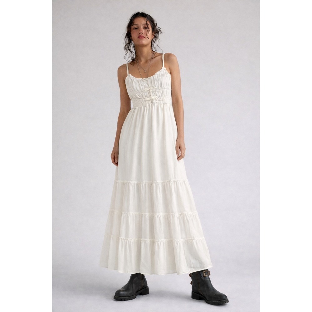 The Kooples White Tiered Maxi Dress NWT Boho Smocked Bow Detail Viscose Size 3